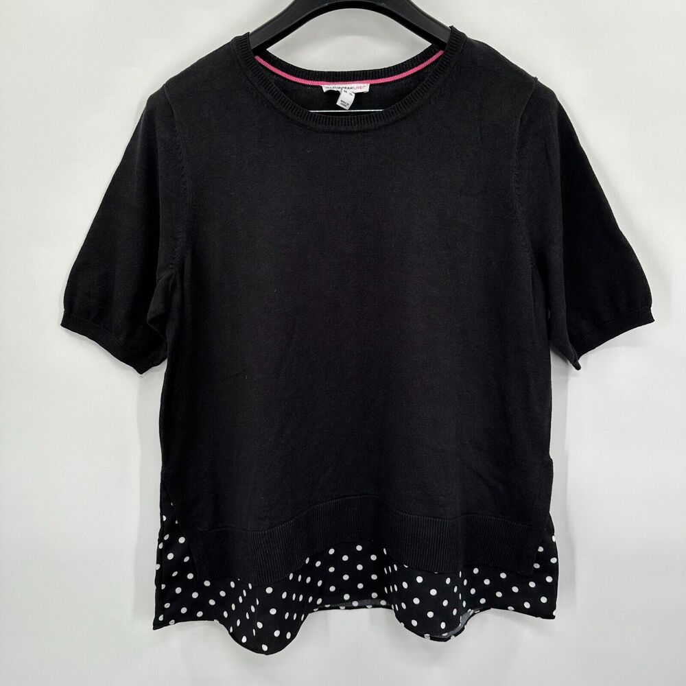 QVC Isaac Mizrahi Sweater XL Short Sleeve Layered Black Polka Dot Crew Neck Knit